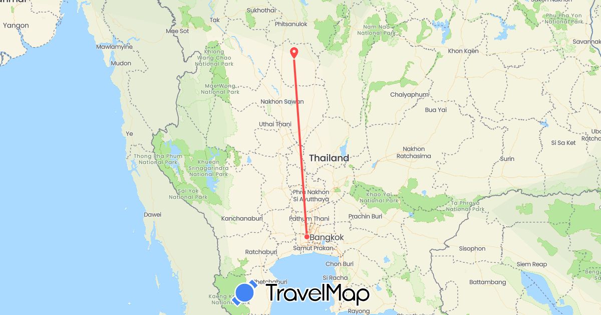 TravelMap itinerary: plane, hiking in Thailand (Asia)